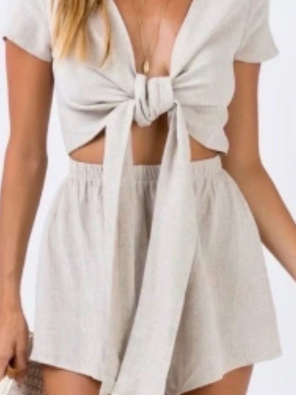 Princess Polly Natural Beige Linen-Rayon Blend V romper SIZE 4